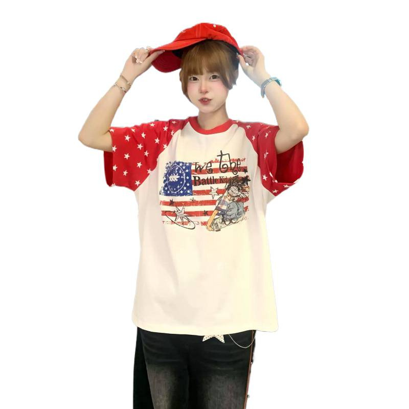 American Flag Patchwork Raglan Short-Sleeved T-Shirt for Men, Summer 2026 New High Street Loose-Fitting Couple's Half-Sleeved Top
