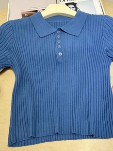Vintage Hong Kong Style chic Design polo Short-sleeved Knit Sweater Women's 2023 New Slim-fit Pit Blue Top for Summer