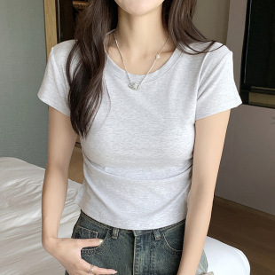 H239 Crewneck Short-sleeved T-shirt Women's Summer Outer Wear New Slim-fit Slimming Wrinkle Design Spice Girls Base Shirt Top