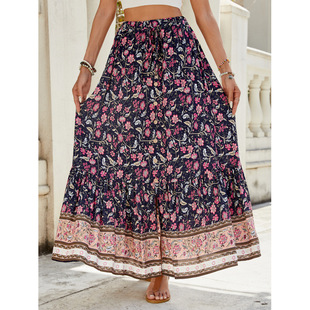 Real Shot Amazon 2025 New High Waist Cotton Printed Buckle Split Skirt Seaside Holiday Beach Dress