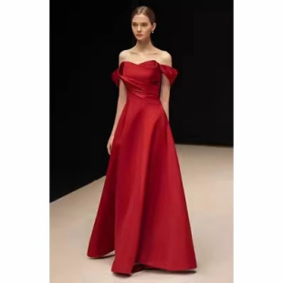 Satin toast dress bride French elegant off-shoulder wine red engagement wedding evening dress wholesale