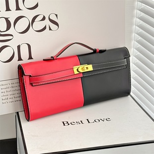 2024 New PU Women's Bag Cross-border Long Horizontal Palm Pattern Stitching Contrast Color Kelly Handbag Handbag Shoulder Crossbody Bag