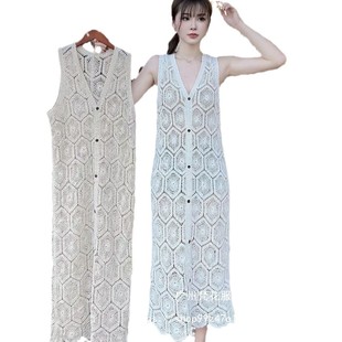 Green Lace Hollow-out Knitted Sleeveless Vesset Dress Women's Striped Cardigan dress Outer Layover Blouse Mid-length