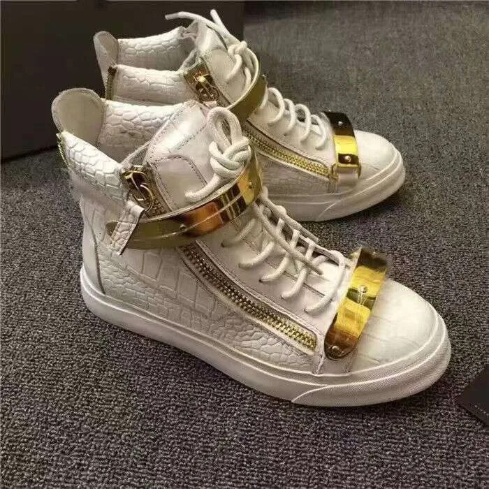 现货新GZ运动鞋高帮板鞋跨境外贸高版潮流双拉链设计真皮平底板鞋