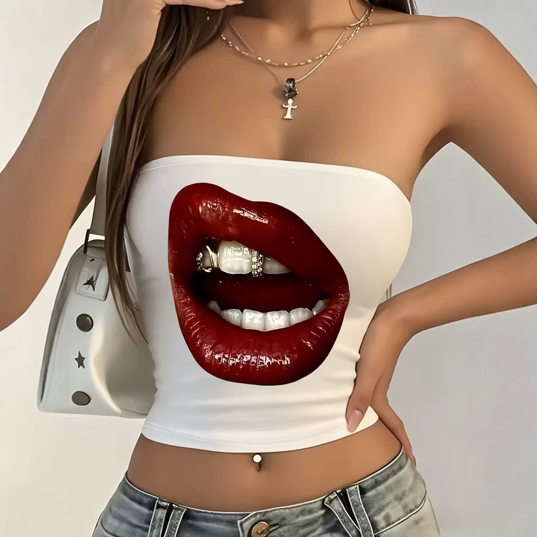 European and American Cross-Border Y2K Spicy Girl Pure Desire Lip Print Slim Fit Tube Top Sexy Cropped Top for Women