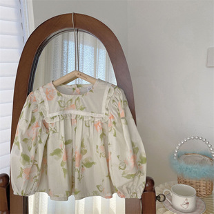 New Spring and Summer Retro Style A- line French Floral Crewneck Women's Baby Doll Shirt Rose Top