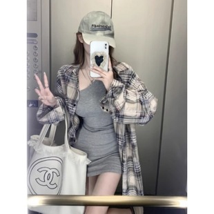 Vintage Plaid Long-sleeved Shirt Coat Women's Autumn Mid-length Lazy Style Loose All-match Casual Sun Protection Top