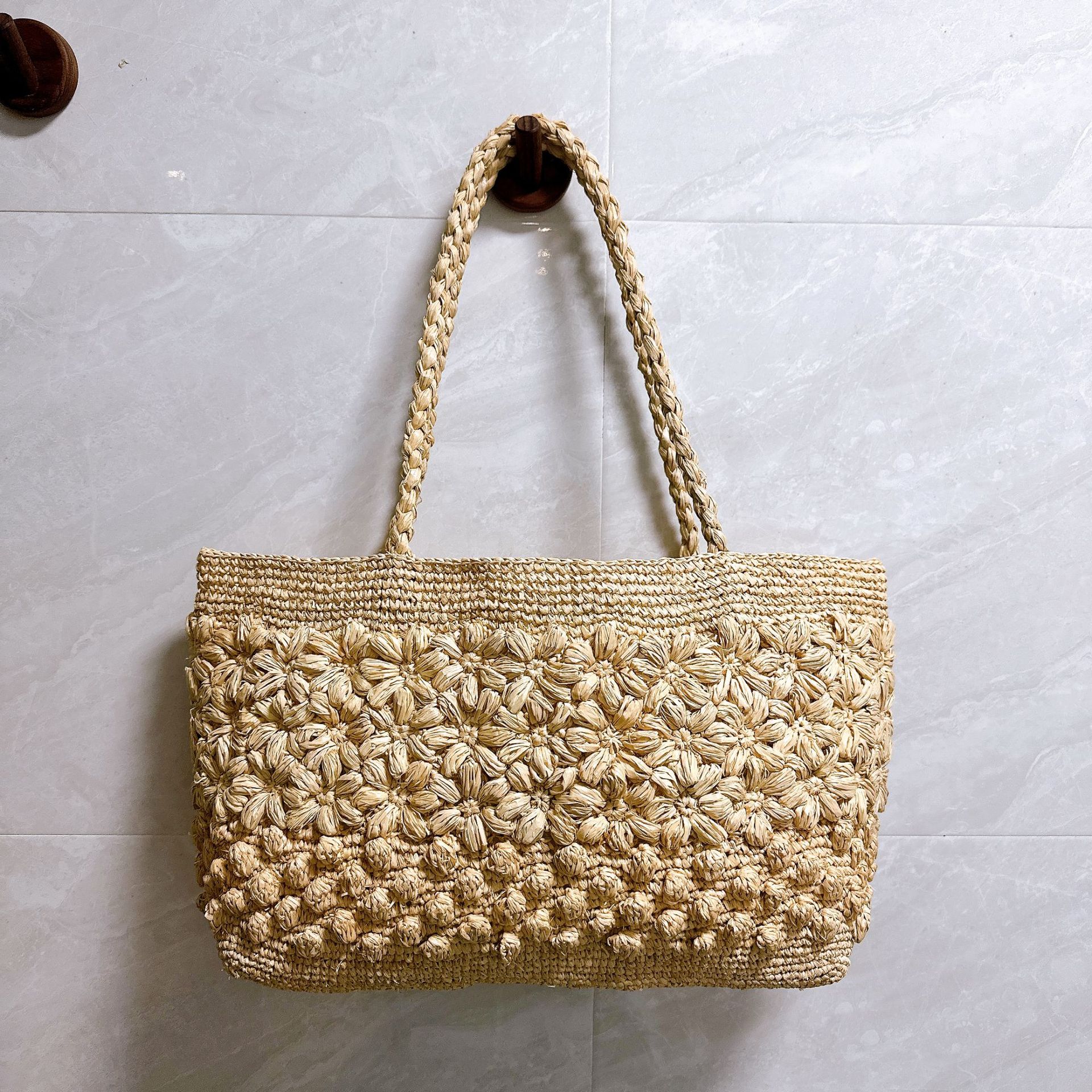 French retro raffia handmade crochet woven bag for women, perfect for vacation, beach, and summer.
