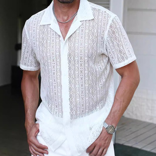 European and American Cross-border Men's Shirt Summer Leisure Holiday Net Jacquard Comfortable Breathable Short-sleeved White Shirt Top