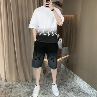Summer New Hong Kong-style Men's Short Suit Top Half-sleeve Half-length Pants Gradient Fashion Casual Trendy suit Two-piece