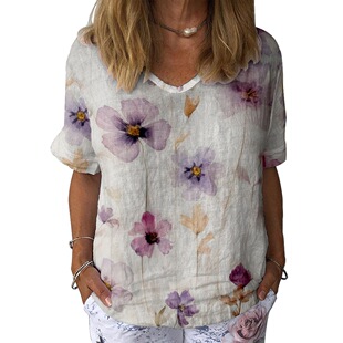 Cross-Border Hot Selling Recommended Plant Flower Elements Women's V Neck Short-Sleeved t Wholesale