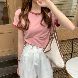 Cross-border ConTrasTing Color ShorT-sleeved T-shirT FaT MM ShorT Navel-baring European and American Slim Splicing Round Neck Top Summer BoTToming ShirT