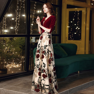 Toast Dress Bride 2023 New Autumn wine red Engagement Dress Wedding Banquet Evening Dress Women's Annual Meeting Dress