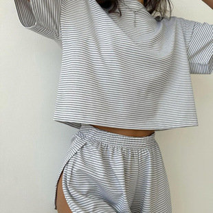 Fall 2023 European and American short-sleeved shorts pajamas suit comfortable casual fashion striped cross-border knitted home wear for women