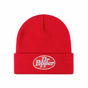 Dr Pepper Embroidered Knitted Hat Cross-border New TEMU European and American Double-layer Warm Thickened Casual Wool Hat