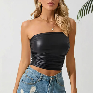 European and American Cross-border Women's Nightclub Sexy Wrap Chest Short Slim-fit Slimming Strapless PU Leather Strapless Vest Top