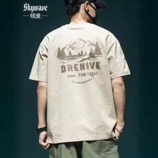 Three-piece needle 260g heavy short-sleeved T-shirt men's loose plus size half-sleeved T-shirt summer American high street printed top