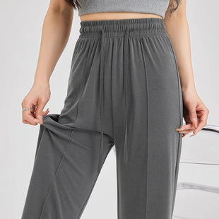 Grey Drawstring Wide Leg Pants Women's Summer Thin High Waist Dipping Straight Narrow Casual Cool Ice Silk Sunscreen Pants