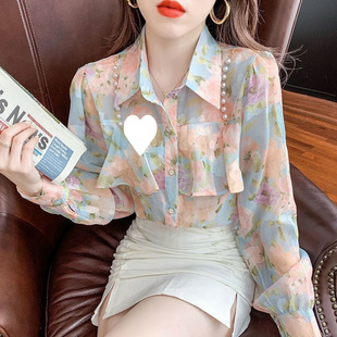 2023 spring new style all-match design pearl neck floral acrylic sweet long sleeve shirt