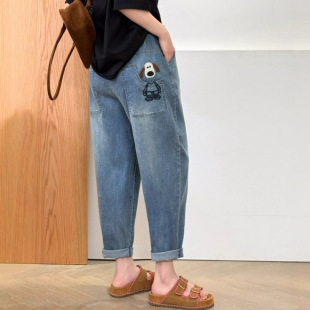 Summer 2025 Stretch Artistic Loose Casual Embroidered plus size Jeans Elastic Waist Leggings