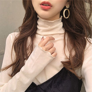 Slim-fit High Neck Long Sleeve Lace Base Shirt Women's Thin Mesh Top Spring and Autumn White Wood-ear T-shirt Trendy