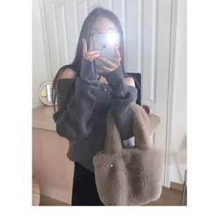Lazy Style off-shoulder Sweater Knitted Sweater Women's Autumn and Winter Design Sense Mid-length Loose All-match Outer Wearing Long-sleeved Top