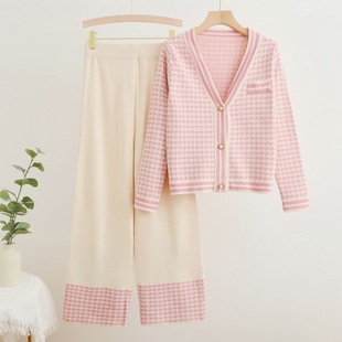 Autumn High Waist Slimming Wide Leg Knitted Pants Color-matching Casual Long Pants Two-piece Suit V-neck Knitted Cardigan Jacket for Women