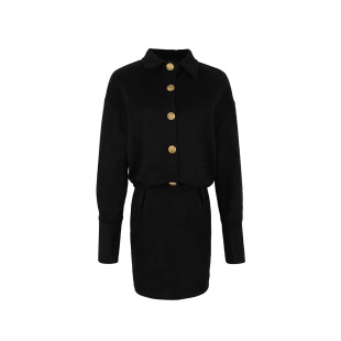 Black Polo Collar Long-sleeved Shirt dress Women's Spring and Autumn Suede Slim Look Short Skirt Elegant Tight Waist Hip Skirt