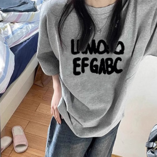 American Style Retro Ins Style light gray Short-sleeved Women's T-shirt Chic Summer Design Sense Letter Printing Commuter Top