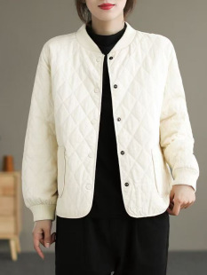 Artistic Retro Loose Diamond-shaped Plaid Cotton-padded Jacket Autumn and Winter New Cotton Thickened Warm Solid Color Small Cotton-padded Jacket