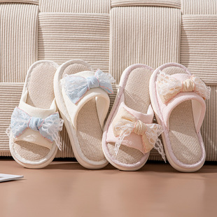 Cross-border Amazon Lace Bow Linen Slippers Indoor Sandals Slippers European and American Contrast Color Fabric Cotton Linen Slippers for Women
