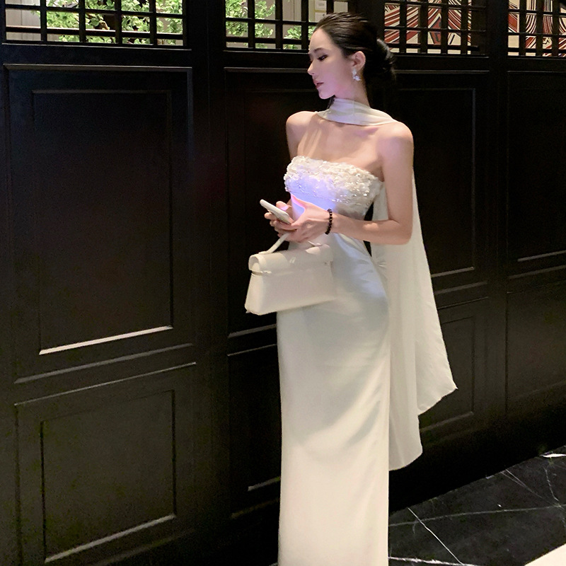 White Dress for Women, Winter Style, Elegant Socialite Evening Gown, Heavily Embellished with Sequins, Satin Strapless Bodycon Long Dress