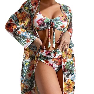 2024 New Amazon AliExpress Europe and America Hot Bikini suit Tropical Print Long Shirt Split Sexy New