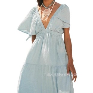 2025 European and American Cross-border Foreign Trade New Women's Summer Deep V-neck Strap Lace Sleeve Elegant Beach Dress
