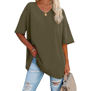 2024 spring and summer Amazon temu explosions Europe and the United States new oversized loose women's V-neck T-shirt cross-border foreign trade women's clothing