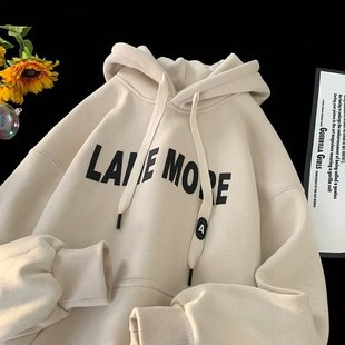 Autumn and Winter fleece-lined Sweatshirt Men's Autumn and Winter American Style Trendy Brand Casual Hooded Junior Letter Printed Pullover Jacket