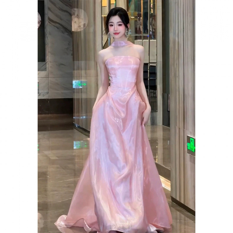 French-Style Engagement Light Gown with a Small Train, High-End Pink Strapless Dress for 18-Year-Old Coming-Of-Age Ceremony, Elegant Long Dress for Girls' Evening Party