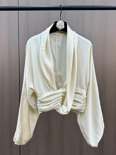 Grapefruit mm Autumn and Winter New Deep V-neck Flange Twisted Waist Slimming French Elegant High-end Acetic Shirt
