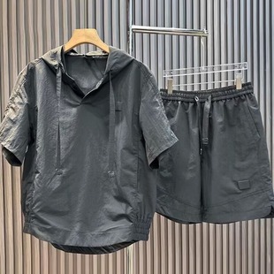Sunscreen Hooded Men's Suit Two-Piece Summer Lightweight Breathable Short-Sleeved Shorts Fashionable and Handsome Solid Color Loose Casual
