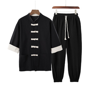 2023 Summer new Chinese style men's color matching linen suit men's casual retro buckle cotton and linen two-piece set