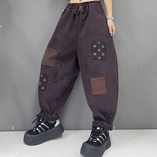 Winter 2024 Vintage Ethnic Style Old Washed Denim Pants Loose fleece-lined Pants for Women