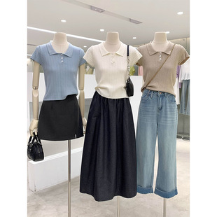 Age-Reducing Essentials! Classic Versatile Solid Color Polo Collar Short-Sleeve Knit Top Summer New Miu Style T-Shirt for Women