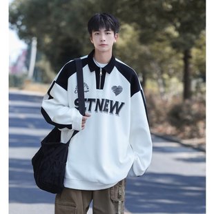 Polo Shirt Half Zipper Sweater Men's Spring and Autumn American Style Retro Trendy Brand Teenager Loose Outer Lapel Cover