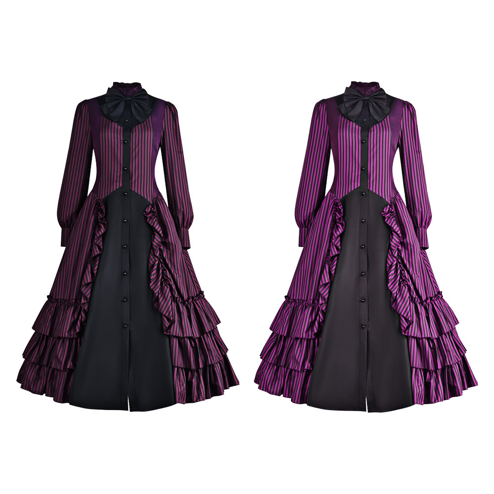 Gothic Retro Dark and Light Color Pleated Bow Dress Cosplay Stage Performance Factory Wholesale Long Dress