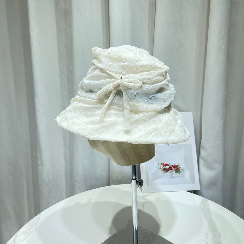 Japanese Retro Bowknot Pleated Mesh Fisherman Hat for Women, Spring and Summer, Face-Slimming, Fashionable Bucket Hat, Sun Protection Sun Hat