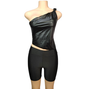 European and American Style Women's 2024 New Leather One-shoulder Distinctive Sexy Sleeveless Top