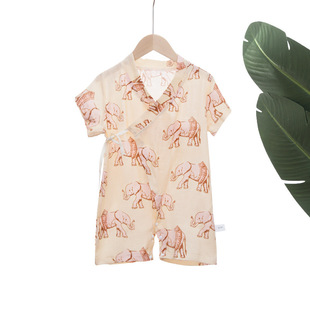 Baby and Young Children's Climbing Wear Summer Baby's Short-sleeved Kimono Softly Breathable Bamboo Cotton Yarn Printed Jetsuit Category A