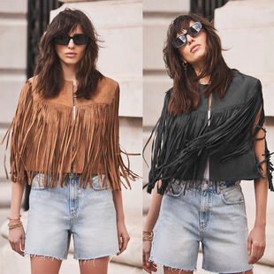 2024 New Tassel Jacket Women's Independent Station Cross-border European and American Deerskin Velvet Solid Color Short Vest Vest Jacket