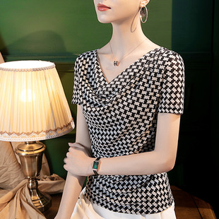 Summer Bright silk off-neck top women's slim fit slimming short sleeve 2022 summer new houndstooth T-shirt small shirt