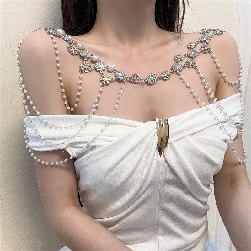 Shoulder Chain Bridal Jewelry Rhinestone Shoulder Headwear White Pearl Chain Wedding Dress Shawl Accessories Dress Shoulder Strap Necklace